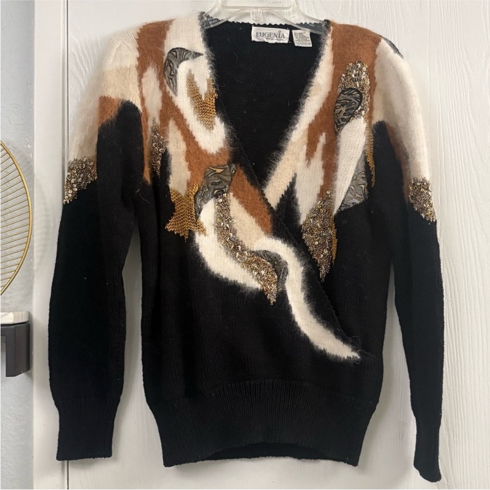 Eugenia Vintage Angora Blend Abstract Beaded V-Neck Sweater 90s Size S